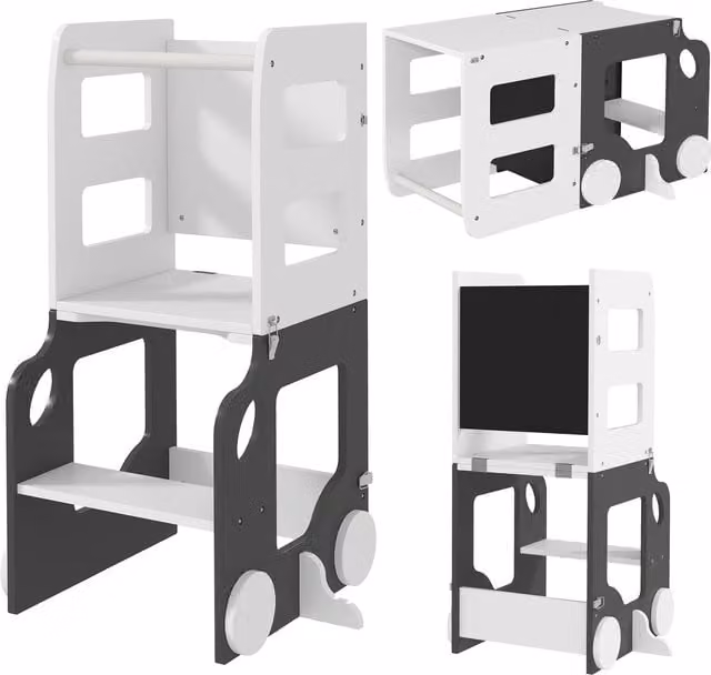 AIYAPLAY 4 in 1 Foldable Toddler Step Stool and Standing Tower with Safety Rail in Grey