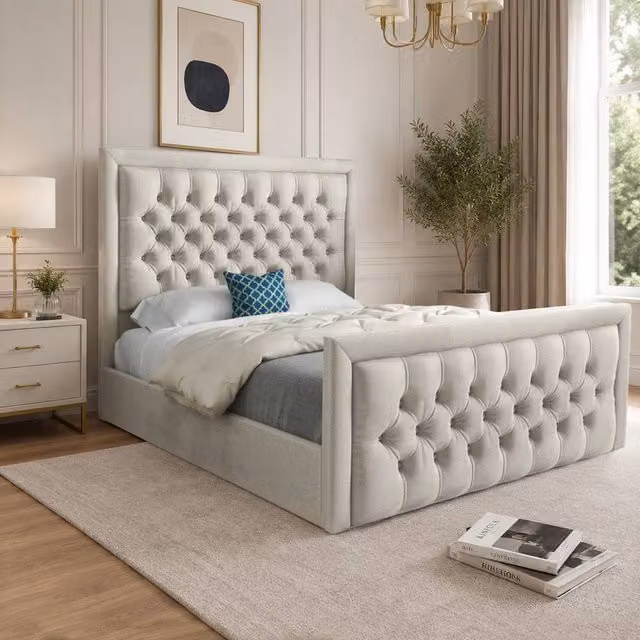 Casani Sidford Upholstered King Size Bed Frame in Beige Velvet, W/D/H: 180 x 200 x 137 cm – 1
