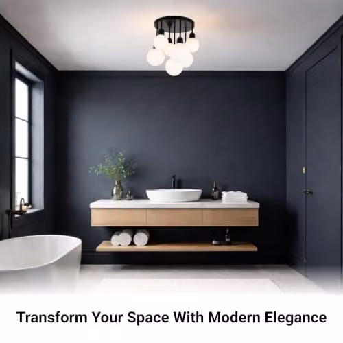 Cosylyte Modern Broome 7-Light Milk Glass Globe Ceiling Light, Black and White, W/D/H: 46 x 46 x 44 cm – 7