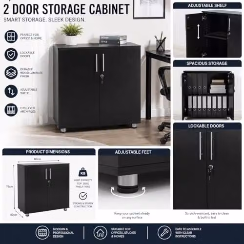 MMT Furniture Designs Ltd Black Lockable 2 Door Storage Cabinet with Adjustable Internal Shelves, H 75 cm x W 80 cm x D 45 cm – 4