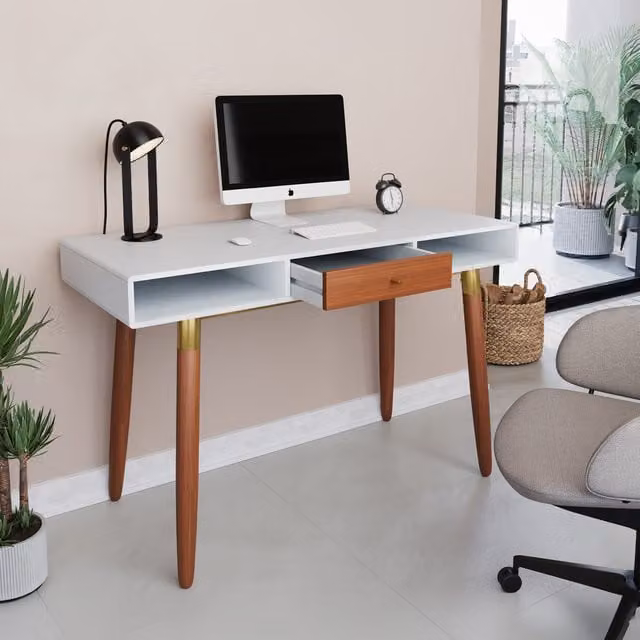 Flair Retro Writing Desk in White, Walnut and Gold