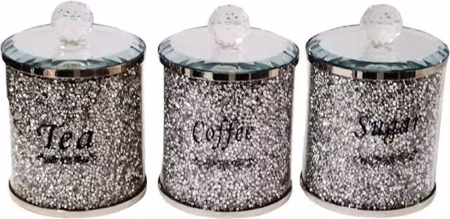 DEENZ Set of 3 Geometric Crushed Diamond Tea Coffee Sugar Canisters in Silver