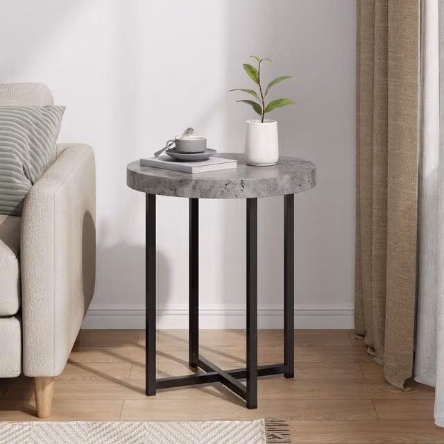 VonHaus Grey and Black Round Industrial Side Table with X-Frame Metal Base, W/D/H: 48 x 48 x 56 cm