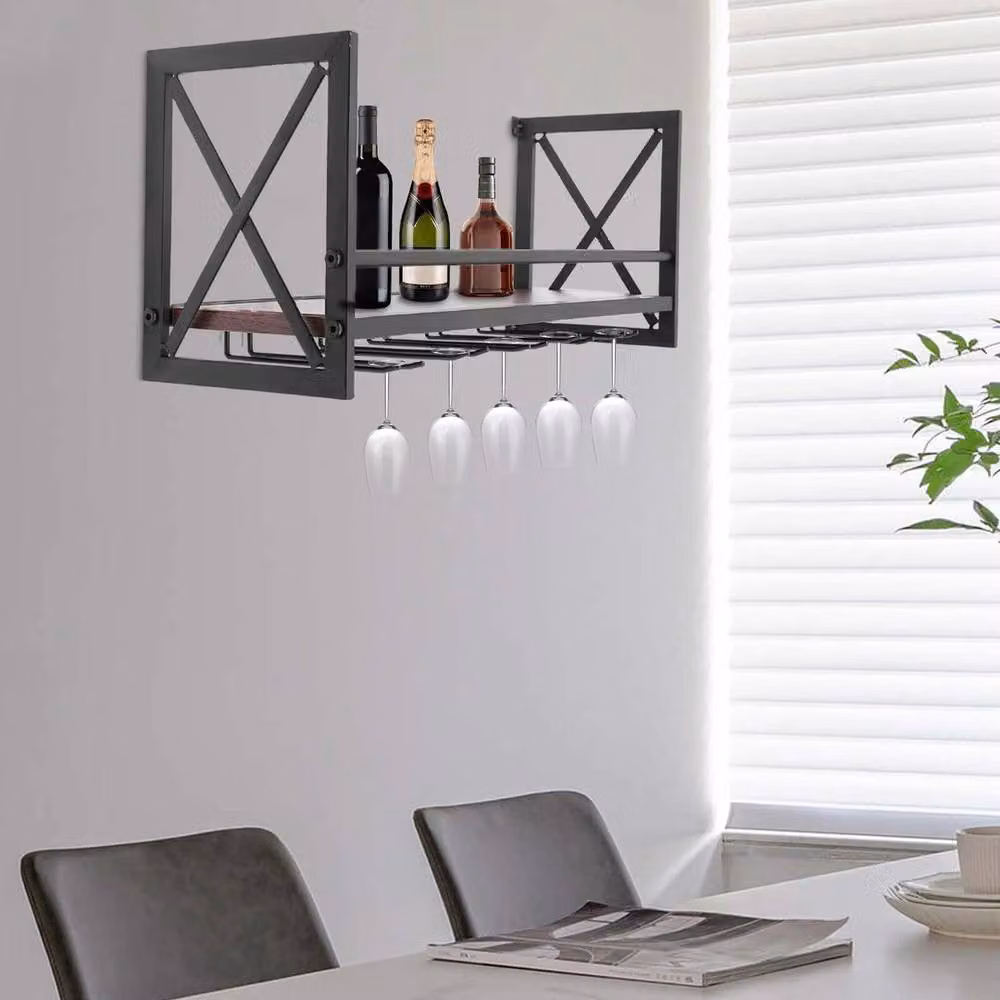 Kelvenix Wall Mounted Black Metal and Glass Wine and Gin Bottle Rack with 5 Glass Holders – 2