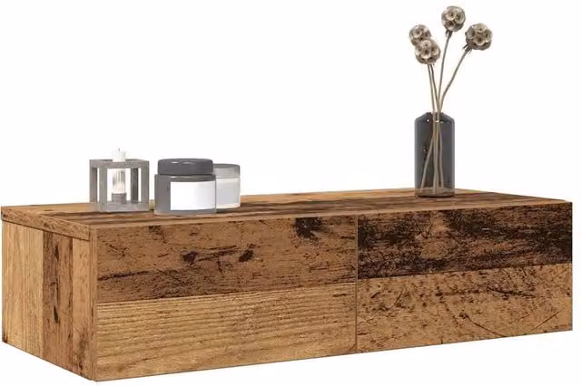 Berkfield Home Wall Mounted Shelf with Drawers in Brown Old Wood, W: 60 cm, D: 26.5 cm, H: 15 cm