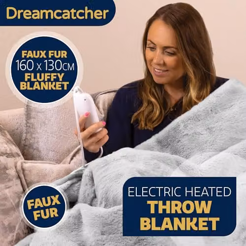 Dreamcatcher Faux Fur Heated Blanket in Light Grey with 9 Heat Levels and 9-Hour Timer – 2