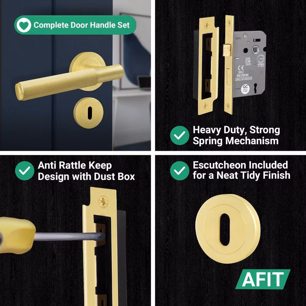 AFIT Satin Brass Round Rose Door Handle with Key Lock in Gold – 5