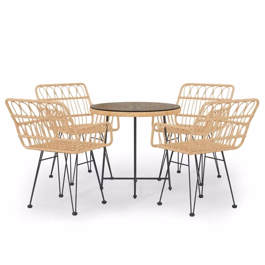 Berkfield Home 5 Piece Brown Poly Rattan Garden Dining Set with Round Glass Table – 2