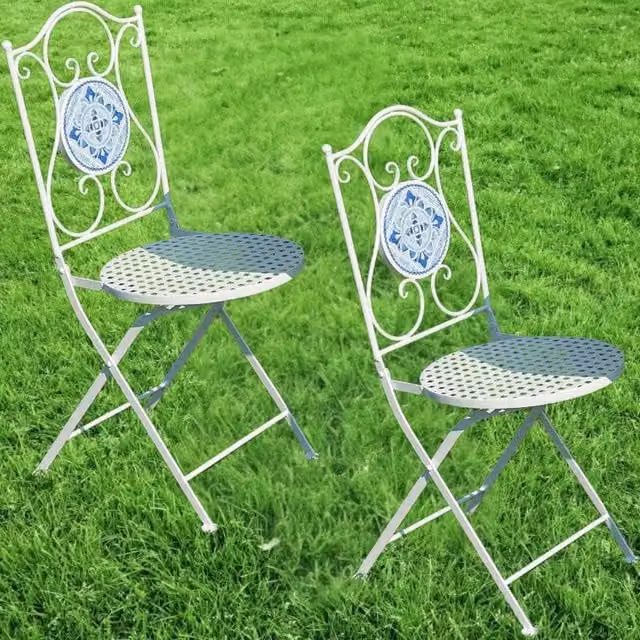 FLAVORA Set of 2 Blue and White Mediterranean Geometric Mosaic Folding Metal Outdoor Bistro Chairs – 1