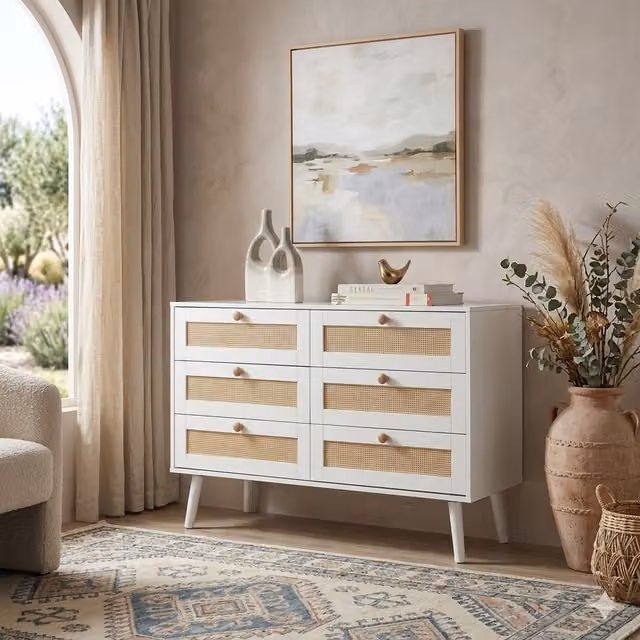 Home Treats White Rattan and Wood Bedroom Furniture Set with 6 Drawers, Height: 78 cm