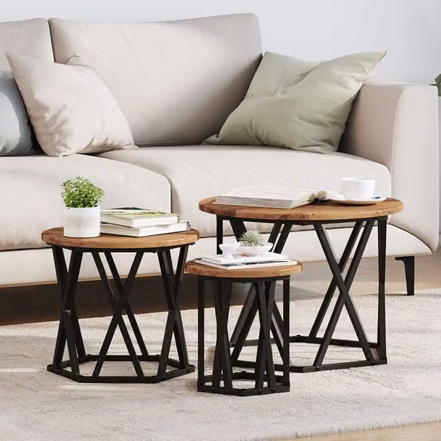 Berkfield Home Set of 3 Round Nesting Side Tables in Brown Rustic Wood and Metal