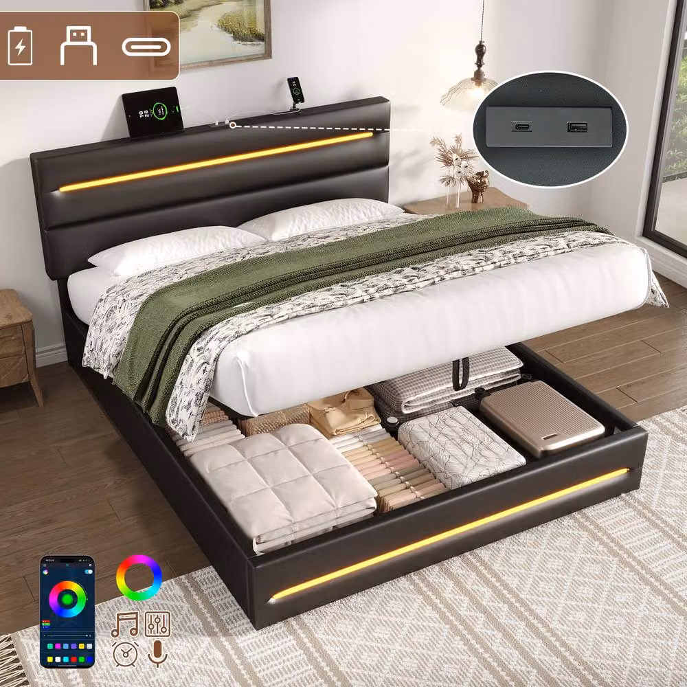 BTM Black Synthetic Leather Double Ottoman Bed with LED Under-Bed Lighting, USB Charging Port and Hydraulic Storage, W/D/H: 140 x 200 cm – 4