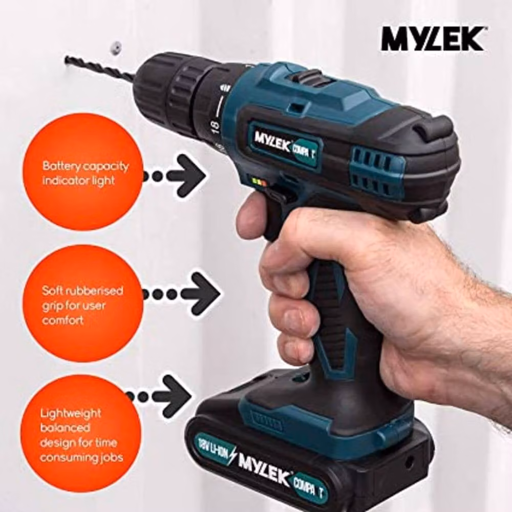 MYLEK 18V Cordless Drill Driver with 131 Piece Accessory Set, Black and Multicolour – 5