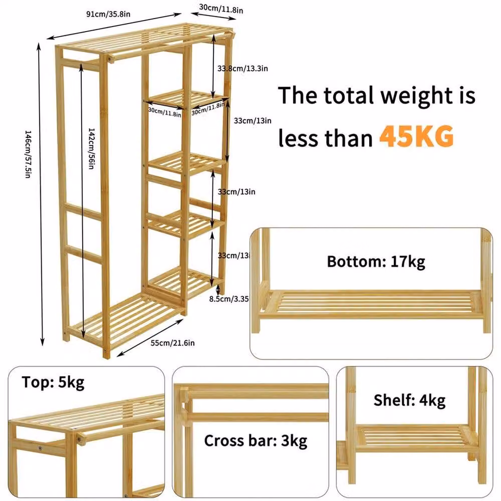 KORVIXA Bamboo Garment Rack with Shelves in Natural Brown – 2