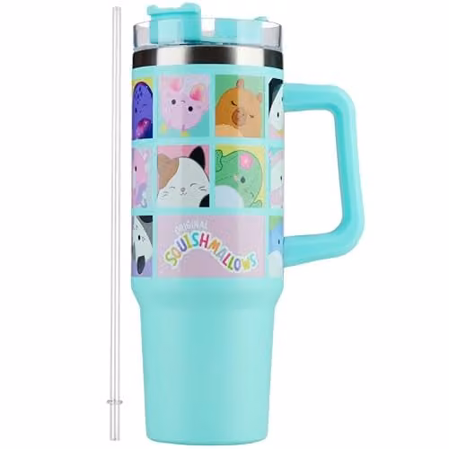 Squishmallows Insulated Bradley Travel Mug with Straw and Handle, Blue, 840ml