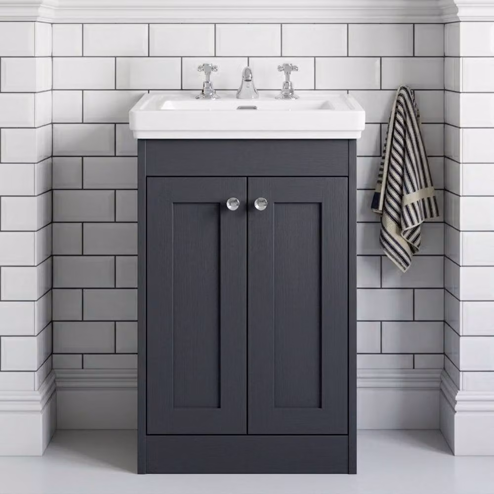 Balterley 500mm Floor Standing 2 Door Unit and 3 Tap Hole Basin in Satin Dark Grey – 2