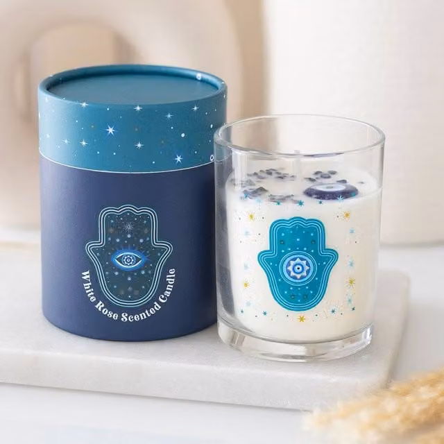 Uniqueful Hand of Hamsa White Rose Pillar and Votive Candle with Crystals – 1