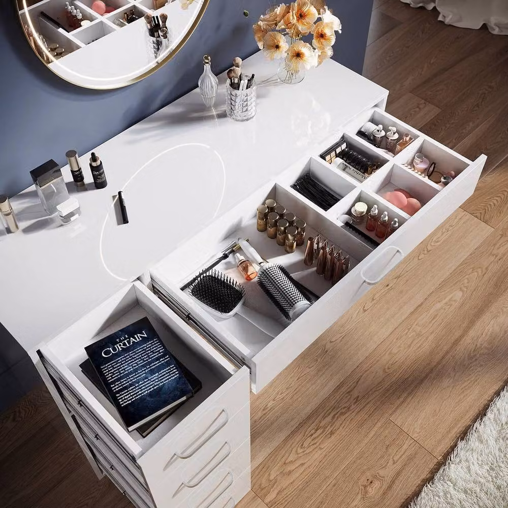 PAWNORA Modern High Gloss Dressing Table with Mirror in White – 2