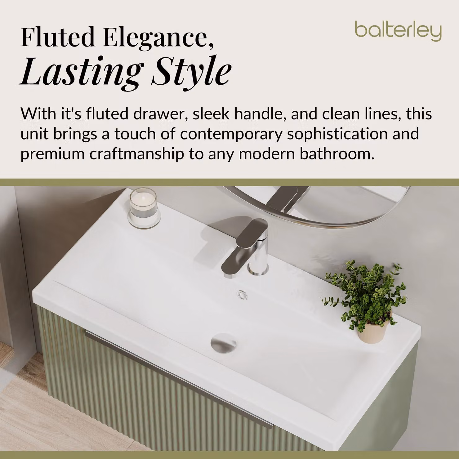 Balterley Fluted Wall Hung 1 Drawer Vanity Basin Unit and Basin, Satin Green, Width: 80 cm – 2