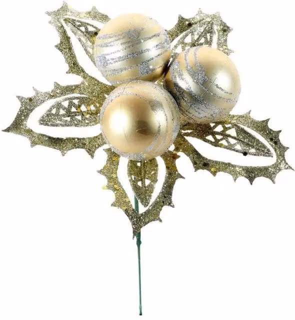 KDMD Champagne Bauble Pick with Leaves in Green and Gold, 5 Pack, Height: 12 cm