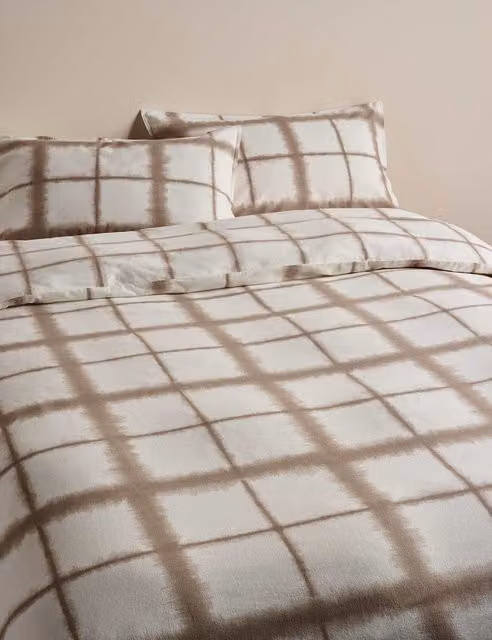 M&S Brushed Cotton Blurred Check Bedding Set, Beige, W: 140 cm, L: 200 cm