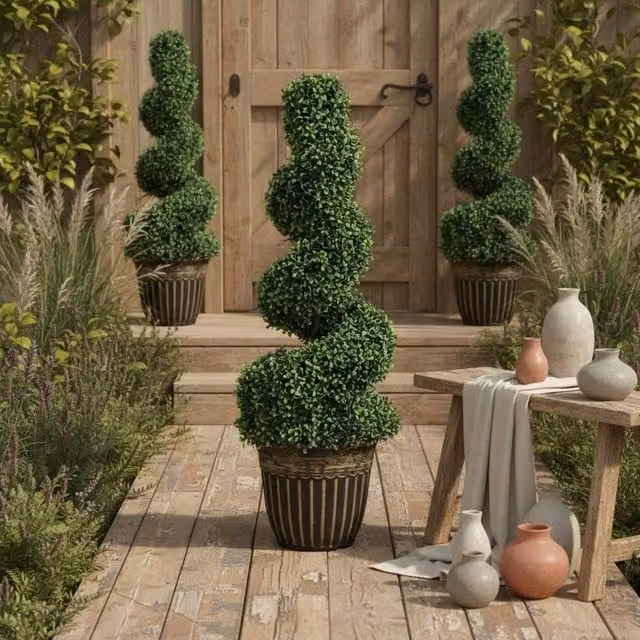Wyld Haus Kayoyo Set of 2 Green Artificial Spiral Boxwood Topiary Trees, Height: 90 cm