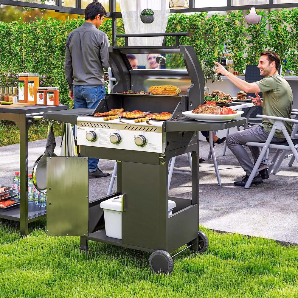 Rolipo 7.5kW Three Burner Gas BBQ Grill with See-Through Lid and Thermometer, Black – 3