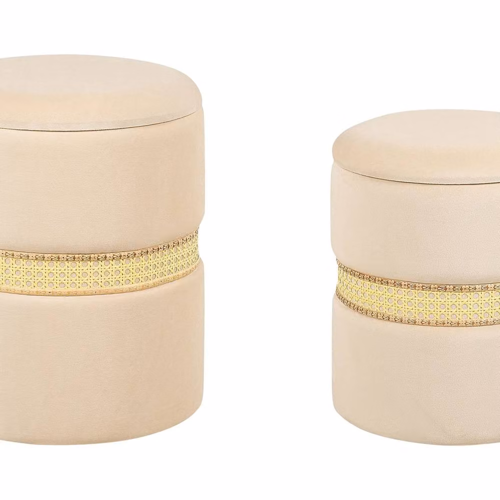 Wyld and Coco Beige Velvet Storage Pouffes Set of 2 with Rattan Detail – 2
