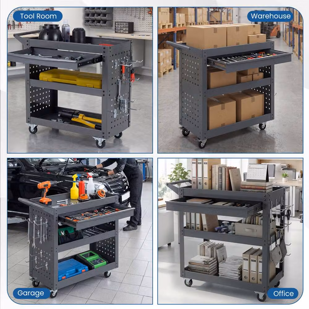 Costway 3 Tier Metal Mechanic Tool Trolley with Pegboards and Hooks in Grey – 8