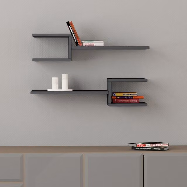 Decortie Fork Modern Floating Shelf Set in Anthracite Grey, 2 Piece – 1