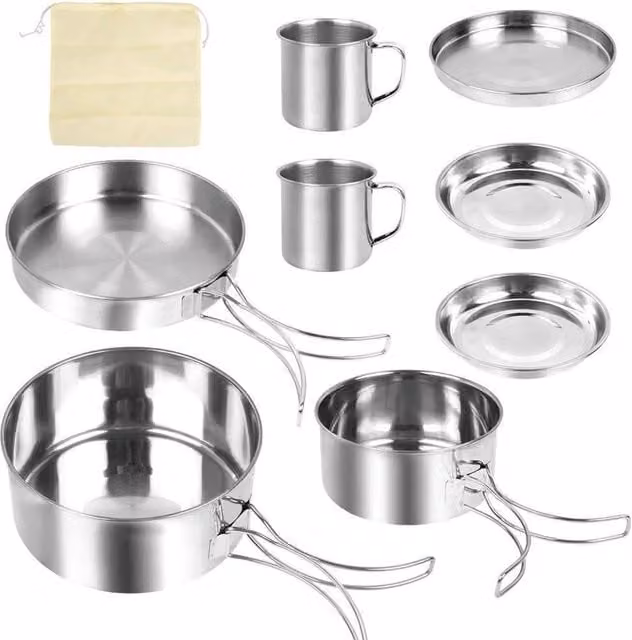 Havendro Stainless Steel Cookware Set with Frying Pan and Lid in Silver for BBQ, Camping and Outdoor Hiking