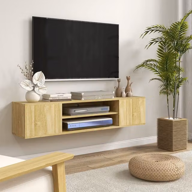 HOMCOM Modern Floating TV Stand Cabinet in Grey and Natural Wood Effect