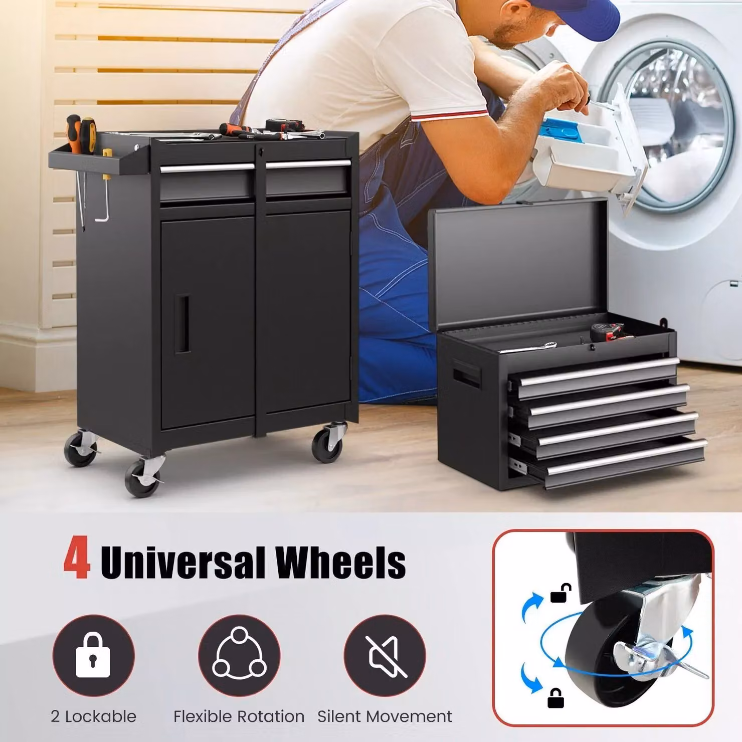 Costway 5-Drawer Rolling Tool Chest Metal Storage Cabinet with Lockable Wheels in Black – 4
