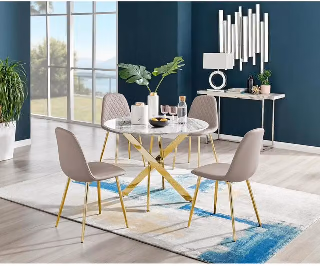 FurnitureboxUK Novara White Marble Round Dining Table with 4 Cappuccino Corona Gold Leg Chairs