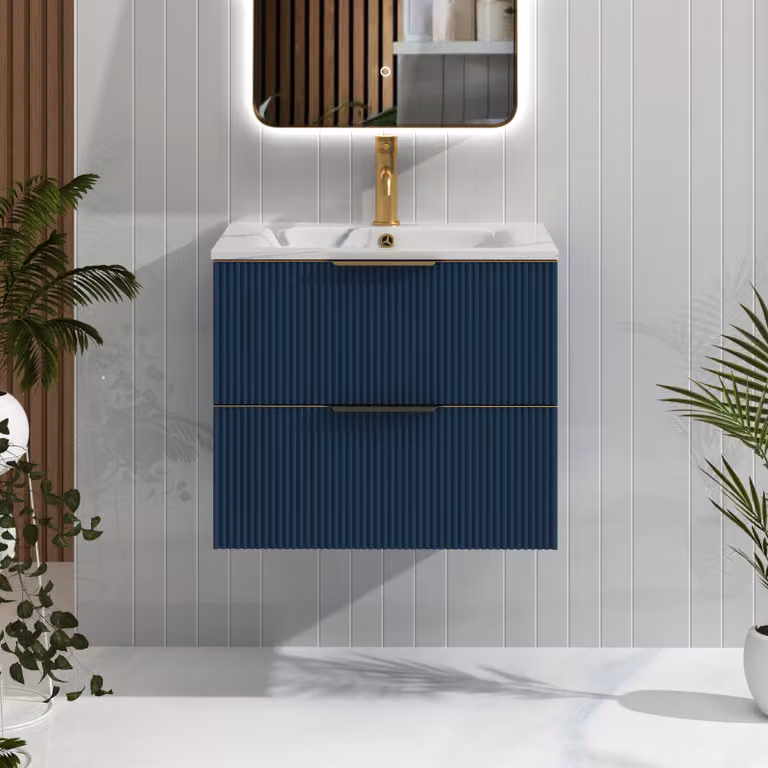 Royal Bathrooms Evora 600mm Midnight Blue Fluted Wall Hung 2 Drawer Vanity Unit with Carrara White Basin and Brushed Brass Handles