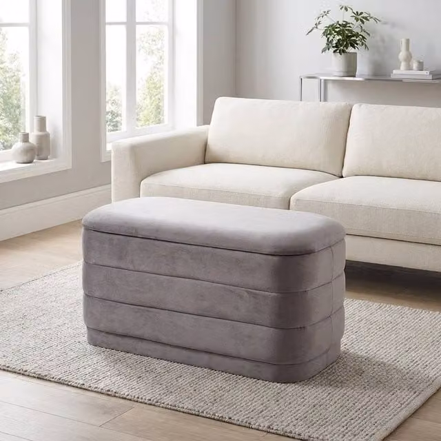 Garden Greatness Grey Velvet Storage Ottoman with Reversible Tray Top and Removable Cover