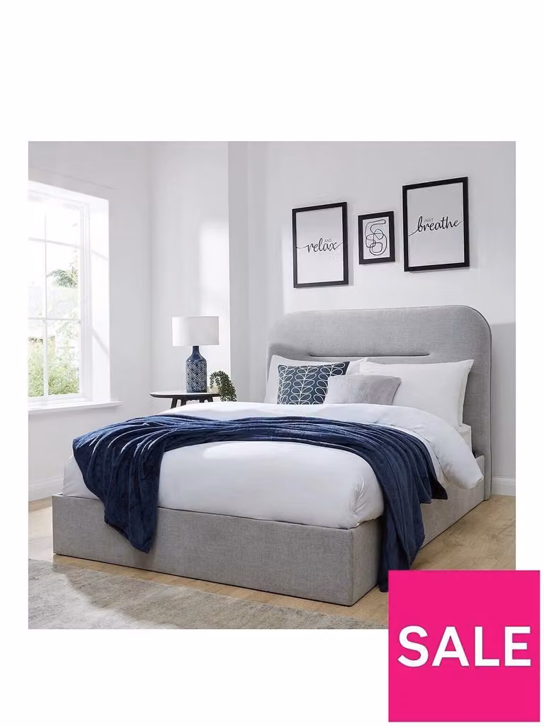 Cheap Furniture Warehouse Mellow Upholstered Fabric Ottoman Double Bed Frame in Grey, W/D/H: 140 x 200 x 147 cm