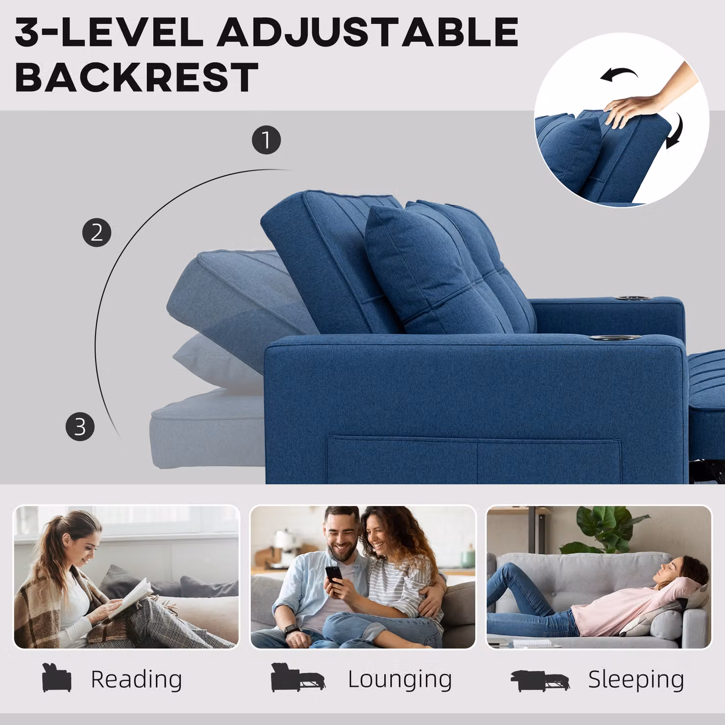 HOMCOM Two-Seater Pull-Out Sofa Bed in Blue with Metal Frame, Cup Holders and Scatter Cushions – 5