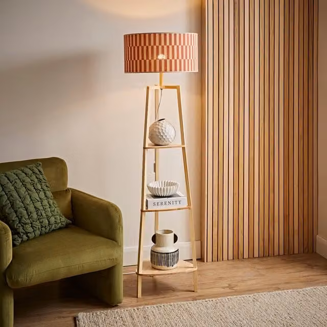 ValueLights Hiru Shelf Tripod Floor Lamp with Orange Checkerboard Bamboo Shade