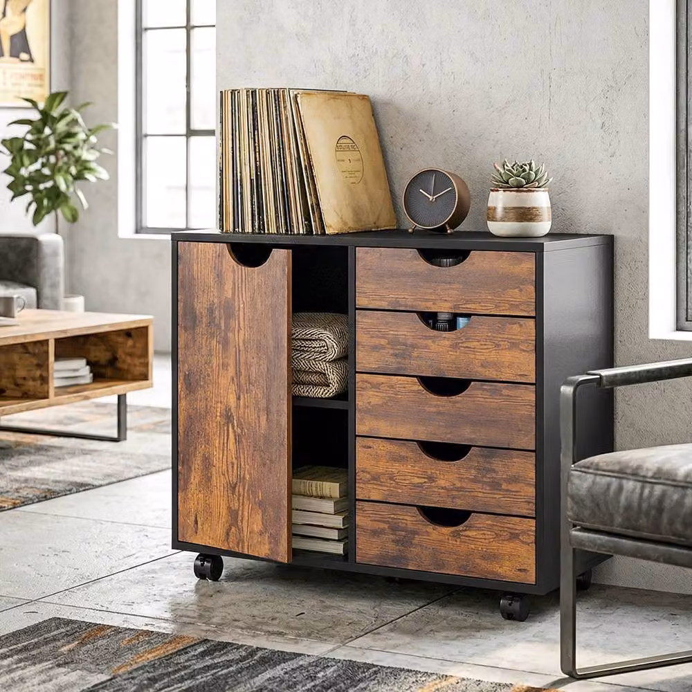 Rolipo Mobile Office Storage Cabinet in Brown with Hinged Doors, Internal Drawers and Shelves – 9