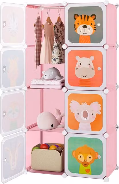 Costway 8-Cube Pink Kids Wardrobe and Baby Closet with Hanging Rod and Internal Shelves