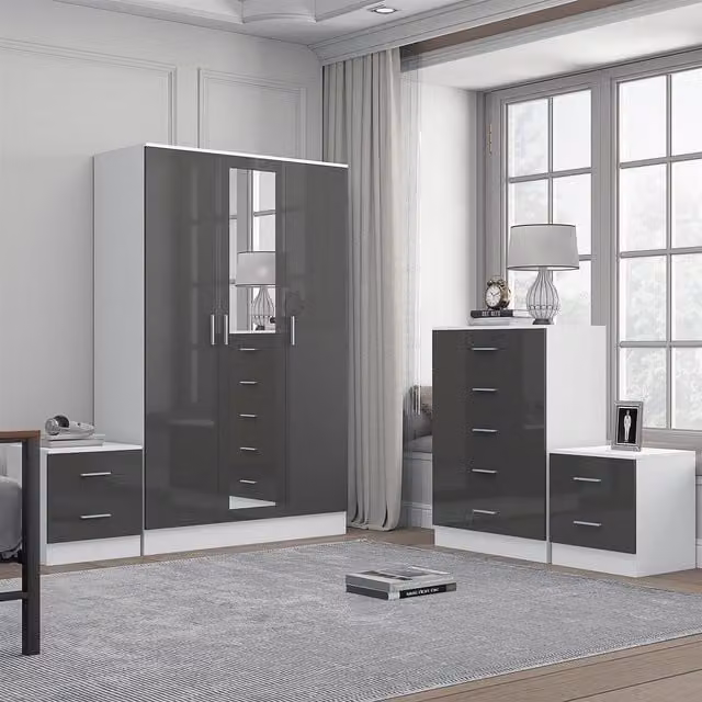 REFLECT Bedroom Furniture Bundle with 3-Door Mirror Wardrobe, Chest of Drawers and 2 Bedside Tables in Grey Gloss and Matt White