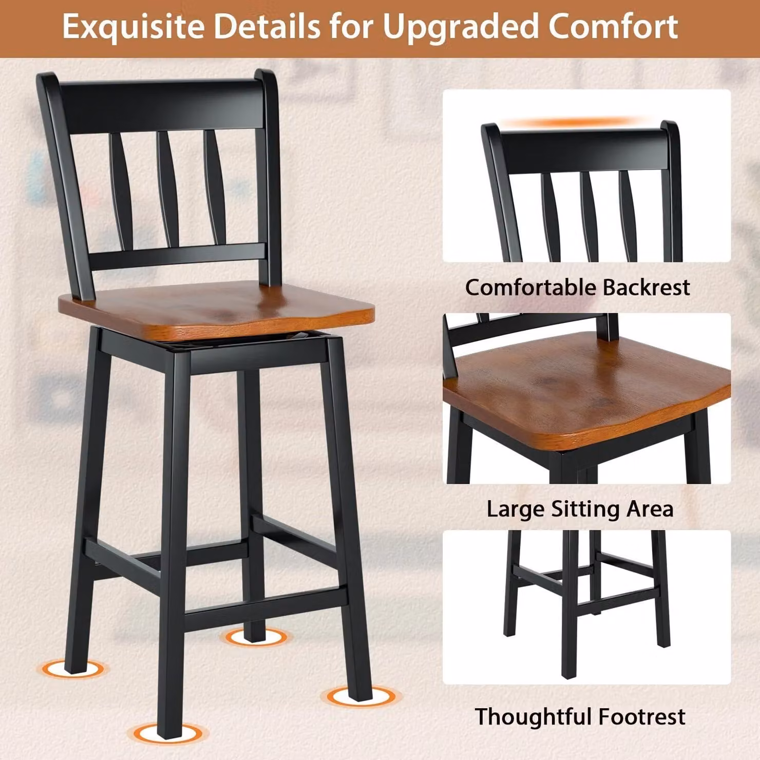 Costway Set of 2 Black Rubberwood Swivel Bar Stools with Backrest and Footrest – 4