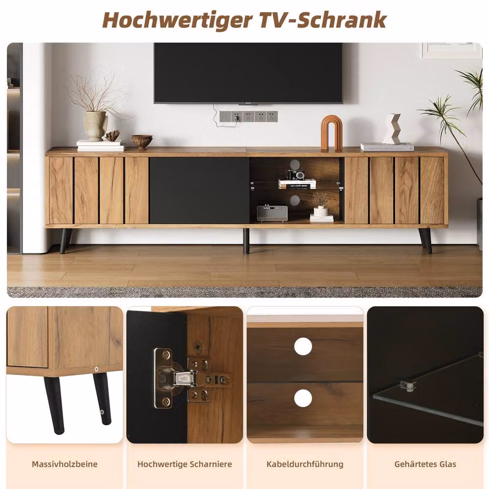 Rolipo Modern Wood and Glass TV Stand in Brown and Black, W: 175 cm – 2