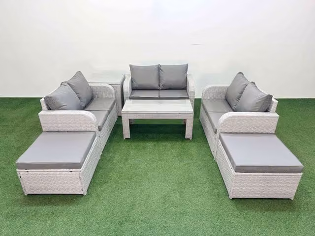 Fimous 8 Seater PE Wicker Rattan Garden Furniture Set in Light Grey with Oblong Coffee Table, 2 Seater Love Sofa, 2 Footstools and Side Table