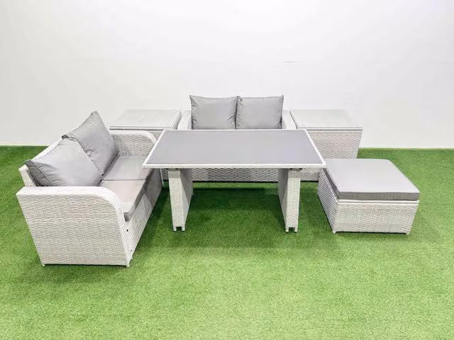 Fimous 6 Piece Outdoor PE Rattan Sofa Set with 2 Side Tables and Large Stool in Light Grey