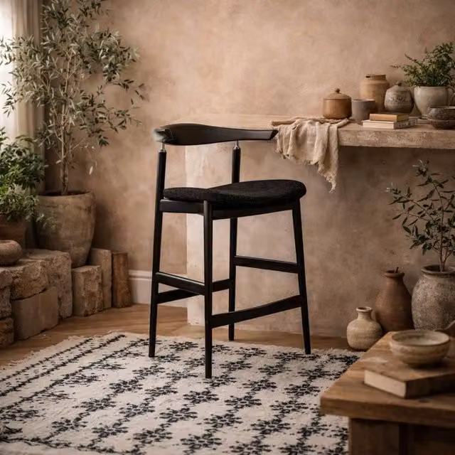 Wyld Haus Loughrea Black Velvet and Tweed Counter Stool with Armrests