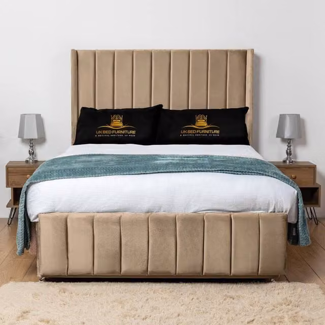 UK Bed Furniture Arizona Wingback Divan Bed Base with 54 Inch Headboard in Beige Velvet, Small Double, W/D/H: 120 x 200 x 135 cm