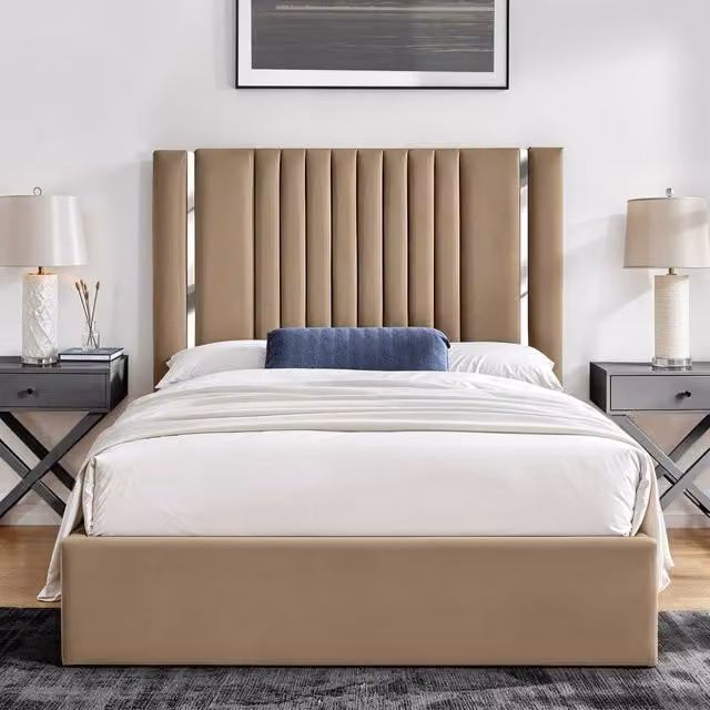 UK Bed Furniture Valencia Gas Lift Storage Upholstered Single Bed in Beige, W/D/H: 90 x 190 cm