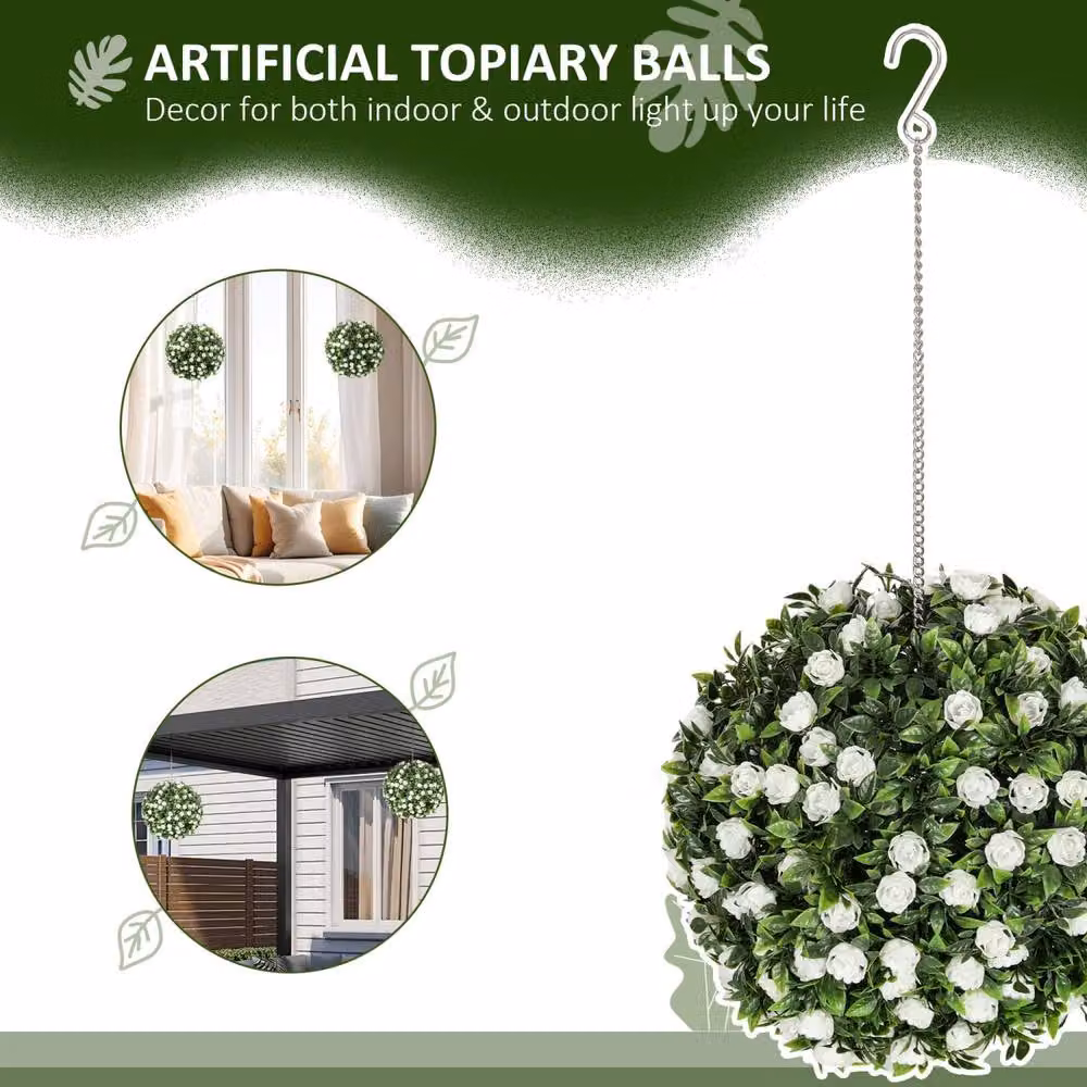 Wyld Haus Set of 2 White UV Resistant Artificial Rose Topiary Balls, Diameter: 28 cm – 4
